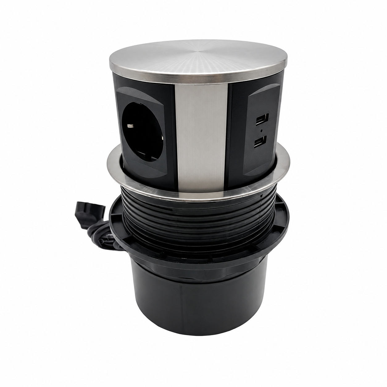 Блок розеток выдв. вертик. POP UP LIFT-U, 3 розетки EURO 250В max3.5кВт 2USB max2.4A Нерж/Черн.(GLS)