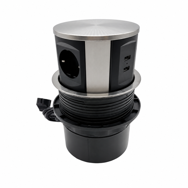 Блок розеток выдв. вертик. POP UP LIFT-U, 3 розетки EURO 250В max3.5кВт 2USB max2.4A Нерж/Черн.(GLS)