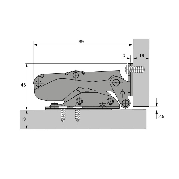 9239784 Петля Kamat для корпусов встраиваемых холодильников, угол 115 гр