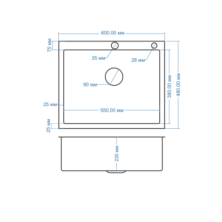 Мойка AMOLLET (600*480*220 мм.) толщина 3 мм. дно 1,2 мм. (Сатин)