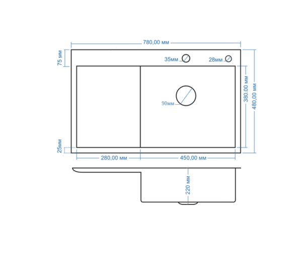 Мойка AMOLLET L-левая (780*480*220 мм.) толщина 3 мм. дно 1.2 мм. (Графит)