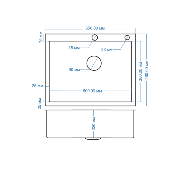 Мойка AMOLLET (650*480*220 мм.) толщина 3 мм. дно 1.2 мм. (Графит)