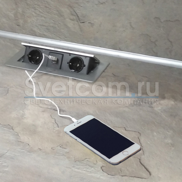 Блок розеток выдв.гориз. 2 розетки EURO. 2 USB 250В max2700Вт кабель 2м, Серебр. (GLS)