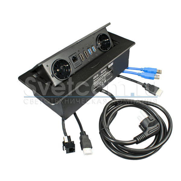 Блок розеток выдв.гориз.SMART OFFICE-2, 2 EU+2 USB3+1 RJ45+2 HDMI каб.2м Черн. (GLS)