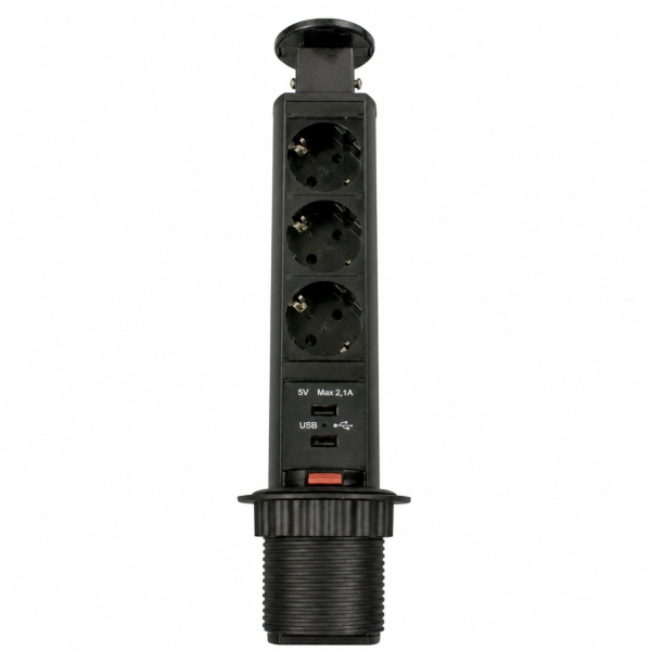 Блок розеток выдв. верт. POP UP Compact, 3 розетки EURO 250В max 3.5кВт. 2USB max 2.1A Черный (GLS)