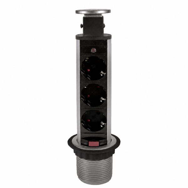 Блок розеток выдв. верт. POP UP Compact, 3 розетки EURO 250В max 3.5кВт. 2USB max 2.1A, Серебр (GLS)